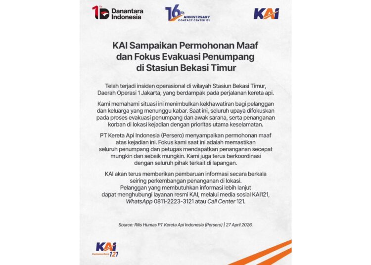 KAI Sampaikan Duka Mendalam Atas Insiden Bekasi Timur, 240 Penumpang Argo Bromo Anggrek Selamat